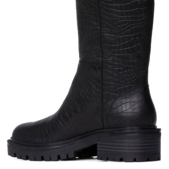 Paige Bella Black Tall/Knee High Boots Sz 9.5 Croc Embossed Leather Lug Sole New - Picture 11 of 14